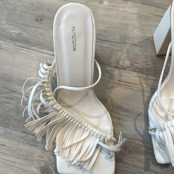 PLT Cream PU Square Toe Fringe Detail Block High Heeled Mules - Picture 2 of 5